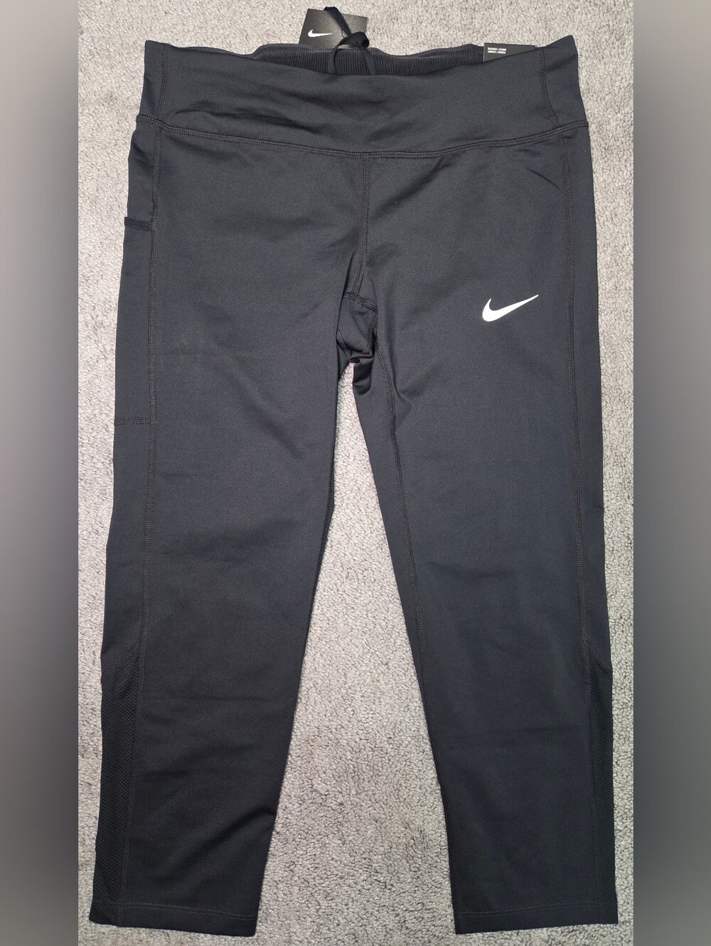 Nike Dri-Fit Running Leggings M Black Cropped Mid Rise Elastic Waist Pockets